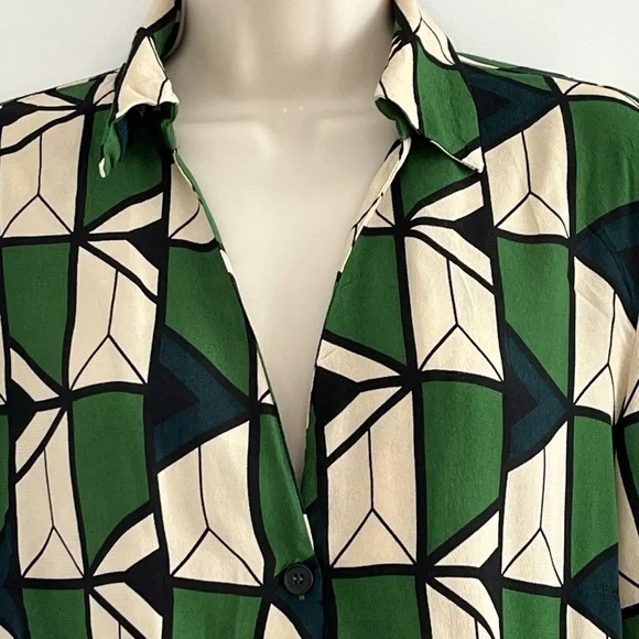 Zara Green Black Cream Geometric Printed Collared V-neckline Blouse Size Large - Picture 4 of 16